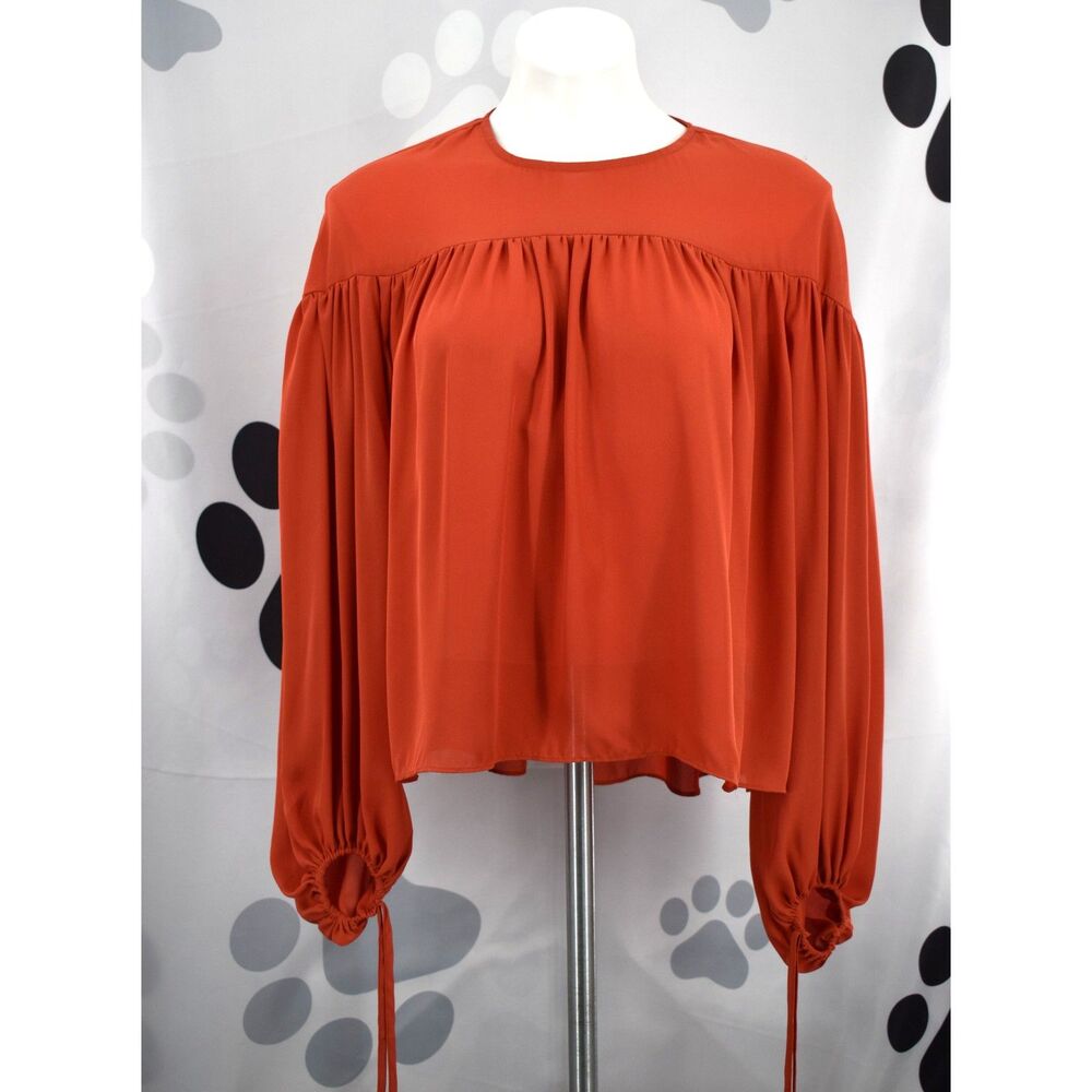 Line and Dot Long Sleeve Flowy Oversized Round Neck Blouse Rust Size Small